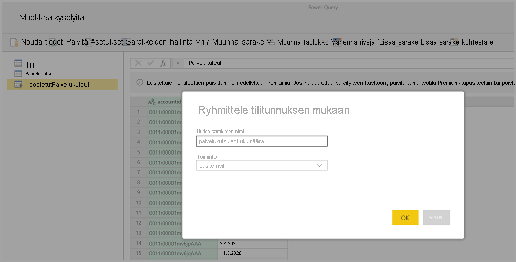 Näyttökuva Ryhmittele tilintunnuksen mukaan -näytöstä.