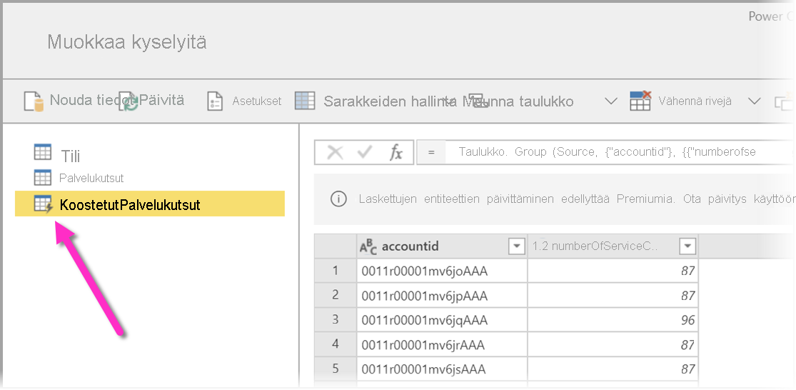 Power Query -editorin näyttökuva, jossa korostetaan muokattavaa taulukkoa.