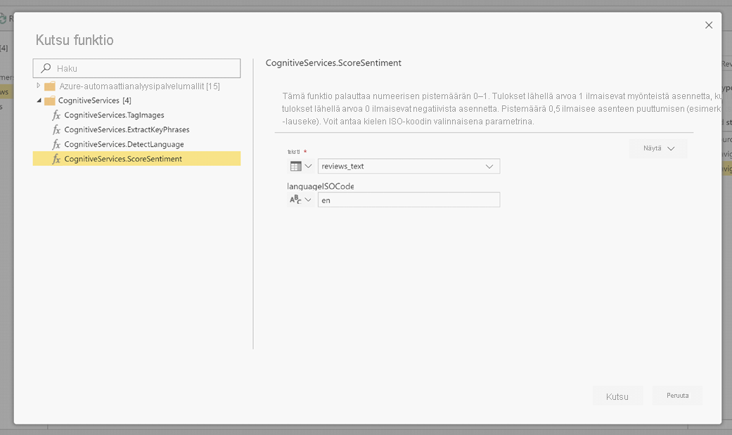 Näyttökuva Käynnistä funktio -valintaikkunasta, jossa näkyy CognitiveServices.ScoreSentiment valittuna ja määritettynä LanguageIsoCode-arvoksi.