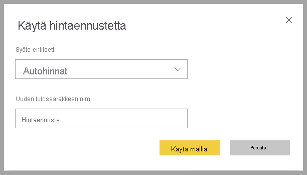 Näyttökuva Käytä hintaennustetta -valintaikkunasta.