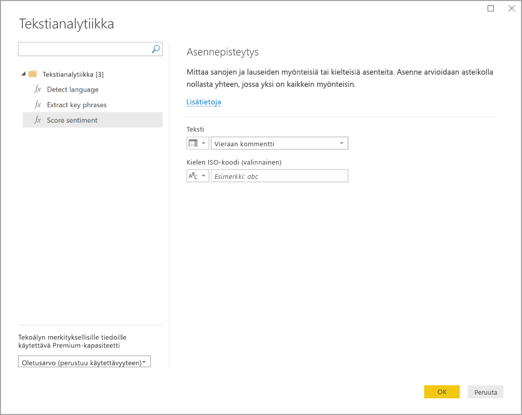 Screenshot of the Text analytics dialog box showing the Score sentiment function.