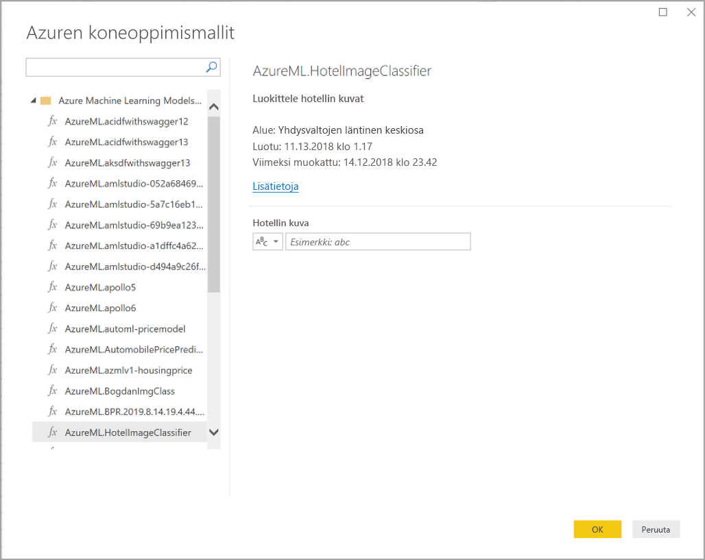 Screenshot of the Azure Machine Learning Models dialog box.