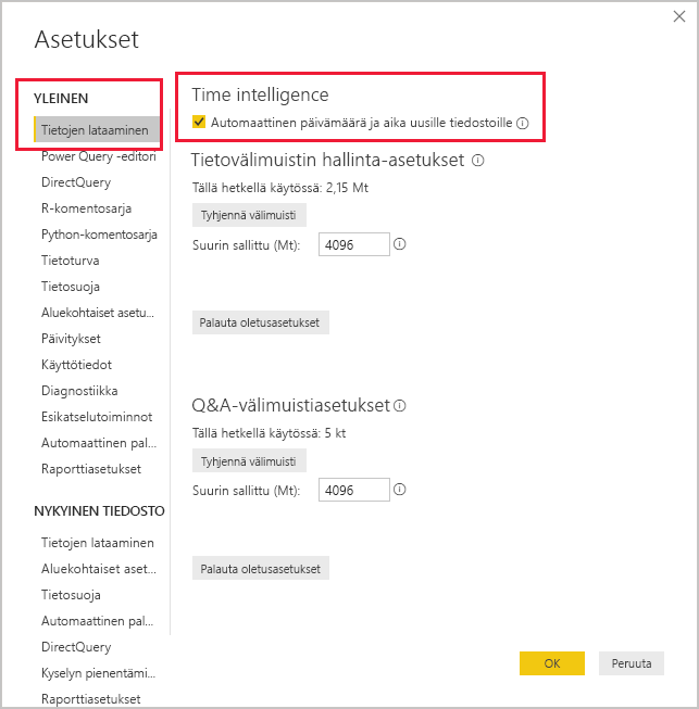 Näyttökuva Power BI Desktopin Asetukset-ruudusta.