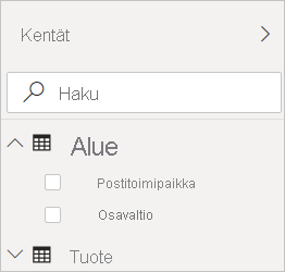 Näyttökuva Power BI Desktopista, joka näyttää Geography-suodattimen Kentät-näkymässä.