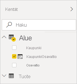 Näyttökuva Power BI Desktopista, joka näyttää Kentät-näkymän Geography-suodattimessa valittuna CityState-asetuksen.