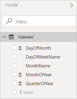 Näyttökuva Power BI Desktopista, joka näyttää lasketut sarakkeet Kentät-näkymässä.