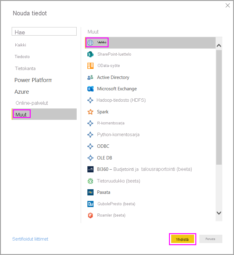 Screenshot of the Get data dialog box highlighting the option to connect to a Web data source.