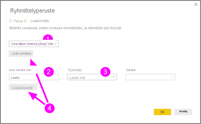 Näyttökuvassa näkyy Ryhmittelyperuste-valintaikkuna, jossa on korostettuna Perus- ja Lisäasetukset.