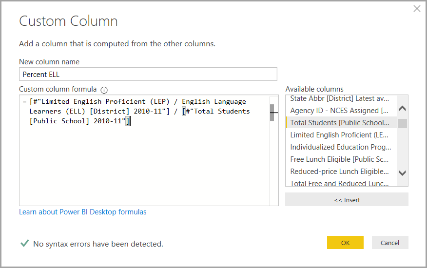 Screenshot of the Custom Column Dialog box showing an example formula.