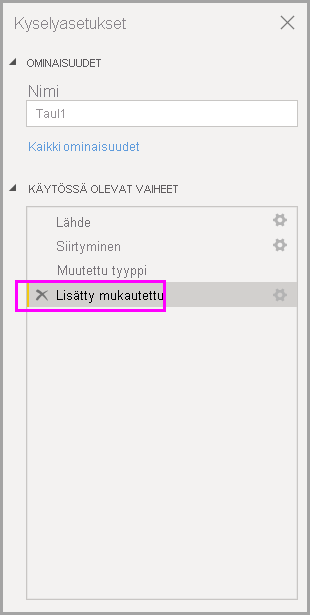 Näyttökuva KÄYTÖSSÄ OLEVAT VAIHEET -historiasta, jossa korostuu viimeisin suoritettu vaihe.