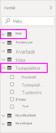 Näyttökuva Kentät-ruudusta, jossa on valittuna Polkupyörä- ja Tuotepäälliköt-kentät.