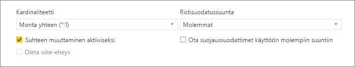 Näyttökuva Luo suhde -valintaikkunan alaosasta, jossa näkyvät Kardinaliteetti- ja Ristisuodatus-asetukset.