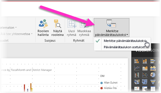 Power BI Desktopin näyttökuva, joka näyttää Merkitse päivämäärätaulukkona -painikkeen ja asetussuodattimen.