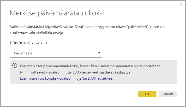 Power BI Desktopin näyttökuva, jossa näkyy Merkitse päivämäärätaulukkona -valintaikkuna ja tärkeä huomautus.