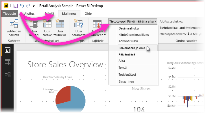 Näyttökuva Power BI Desktopista, joka näyttää Mallinnus-välilehden, jossa tietotyyppisuodatin on valittuna.