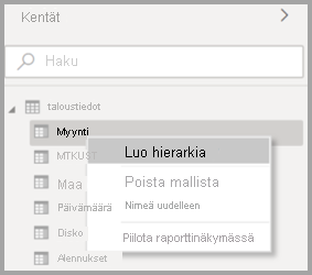 Näyttökuva power BI Desktopin kentän alkuperäisestä pikavalikosta.