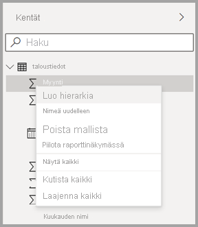 Näyttökuva kentän uudesta pikavalikosta Power BI Desktopissa.