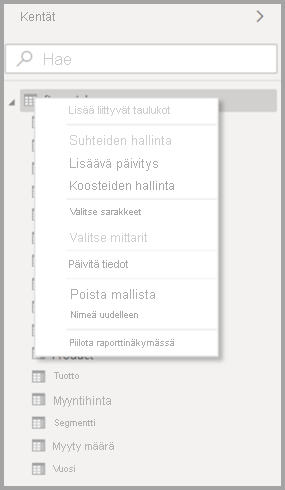 Näyttökuva taulukon alkuperäisestä pikavalikosta Power BI Desktopissa.