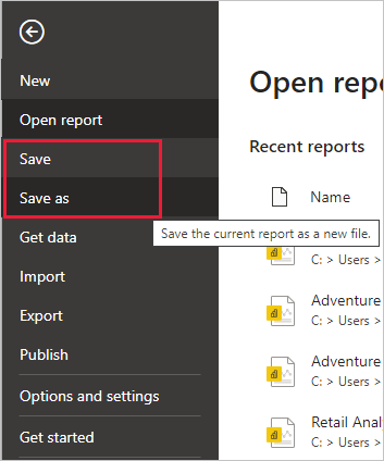  Näyttökuva Power BI Desktopista, jossa näkyy Power Query -editorin Tiedosto-välilehti. Tallenna ja tallenna asetuksina korostettuina.