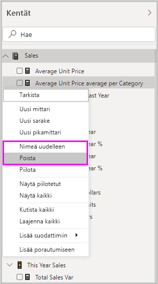 Näyttökuvassa näkyvät pikamittarin poistamisen ja uudelleennimeämisen vaihtoehdot avattavassa valikossa.