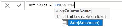 Näyttökuva SalesAmount-arvon valitsemisesta SUM-kaavalle.