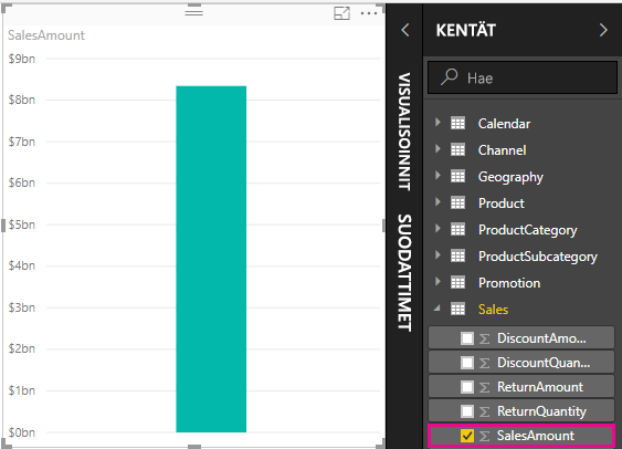Näyttökuva SalesAmount-pylväskaaviosta.