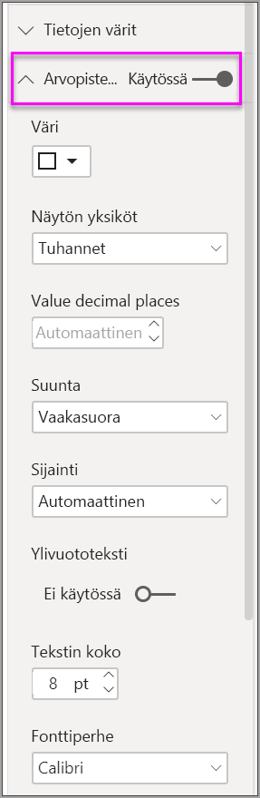 Näyttökuvassa näkyvät arvopisteiden otsikoiden muotoiluasetukset Power BI:ssä.