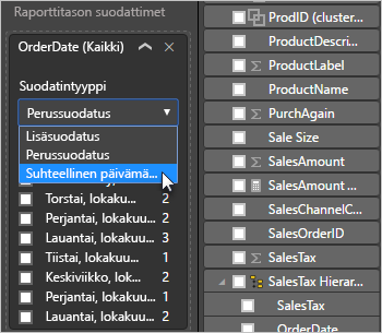 Näyttökuvassa näkyy Suhteellinen päivämäärä -vaihtoehto korostettuna avattavassa Suodatintyyppi-valikossa.