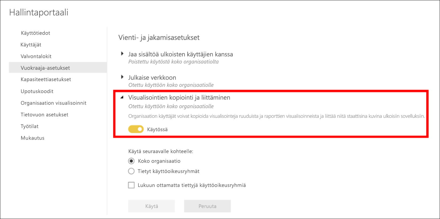 Näyttökuva, jossa näkyy Ota käyttöön kopiointi ja liitä visualisoinnit.