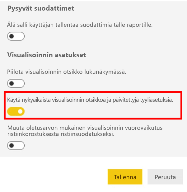 Näyttökuva, jossa näkyy Ota käyttöön moderni visualisoinnin otsikko valittuna.