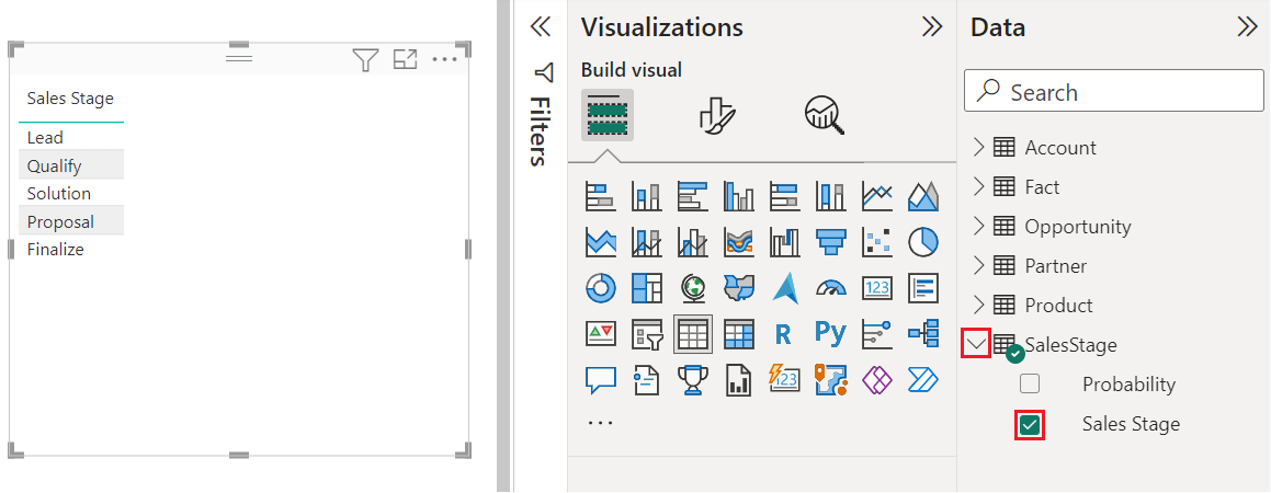 Näyttökuvassa näkyy, miten voit valita Myyntivaihe-kentän Power BI Desktopin Tiedot-ruudussa.