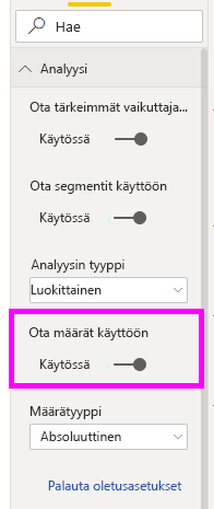 Näyttökuva Ota määrät -liukusäädin käyttöön -kohdasta Muotoilu-ruudussa.