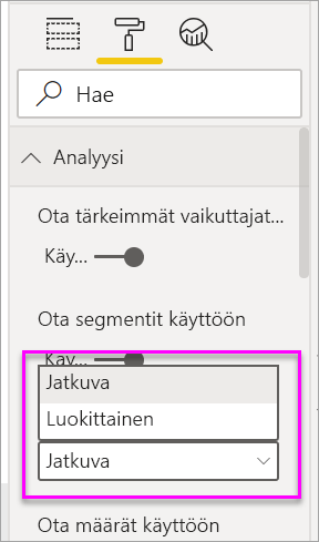 Näyttökuva avattavasta valikosta, jossa voit vaihtaa luokittaisesta jatkuvaan.