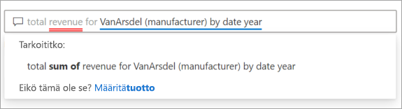 Näyttökuva Q&A-kysymyskentästä, jossa semanttisen mallin ehdotetut termit on alleviivattu sinisellä ja vastaavilla Power BI:n ehdotetuilla kysymyksillä.