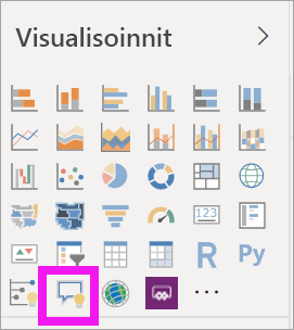 Näyttökuvassa näkyy, miten voit valita Q&A-visualisoinnin Visualisoinnit > Luo visualisointi -ruudussa Power BI:ssä.