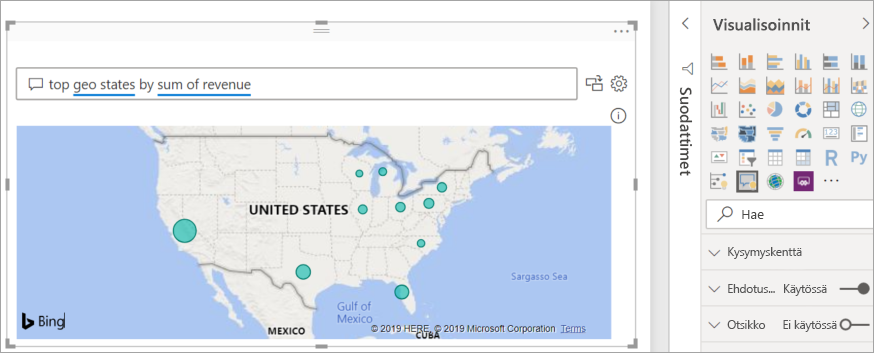 Näyttökuvassa näkyy Power BI:n luoma Q&A-visualisointikartta tietojen näyttämistä varten.