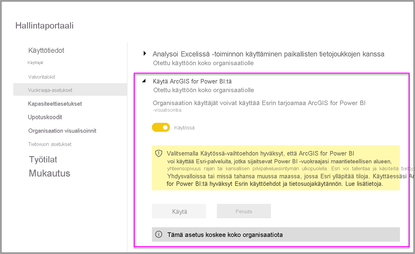 Näyttökuvassa näkyvät järjestelmänvalvojan asetukset hallintaportaalissa.