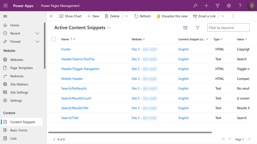 Näyttökuva Power Pages Management -sovelluksessa muokattavasta verkkosivustosta.