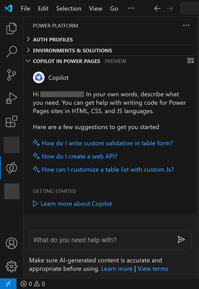 Visual Studio Code ja Copilot Power Pagesissa.