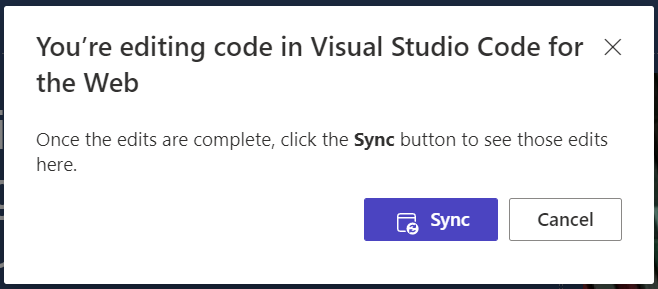 Liittymä sallii käyttäjän valita Synkronointi-painikkeen ja synkronoida Visual Studio Codessa tehdyt muutokset suunnittelustudioon.