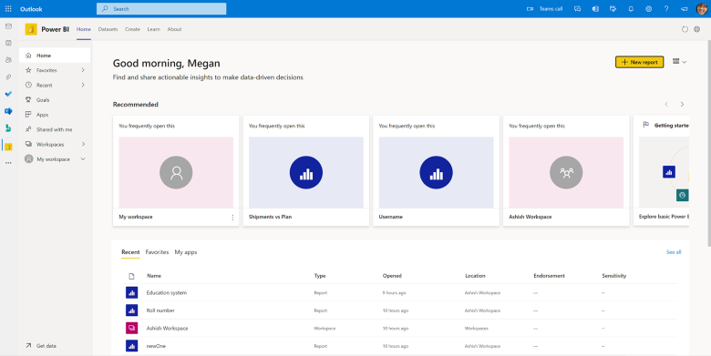 Näyttökuva Power BI:stä Outlookissa