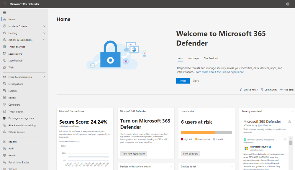 Microsoft 365 Defender -sivu.