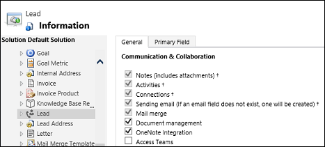 OneNote-integraation valinta entiteetille