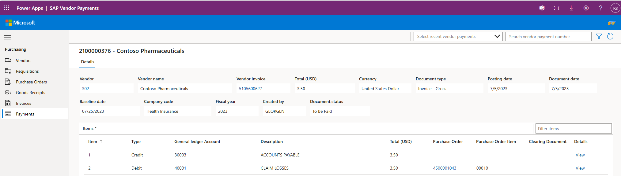 Kuva Microsoft SAP Procurement -maksusovelluksesta Power Platform.