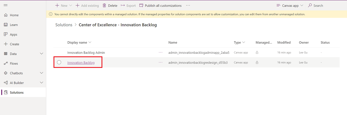 Innovation Backlog -sovelluksen avaaminen