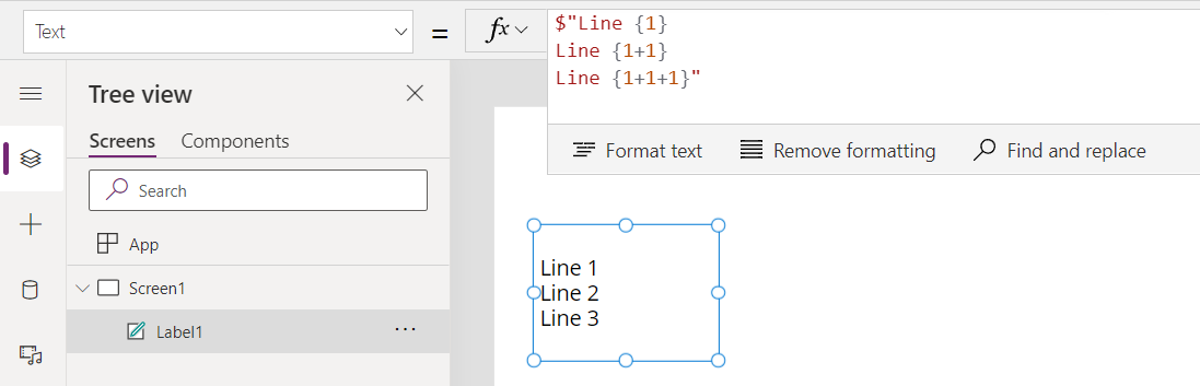 Merkkijonon interpolointikaava, jossa näkyy kolme riviä Line 1, Line 2 ja Line 3.