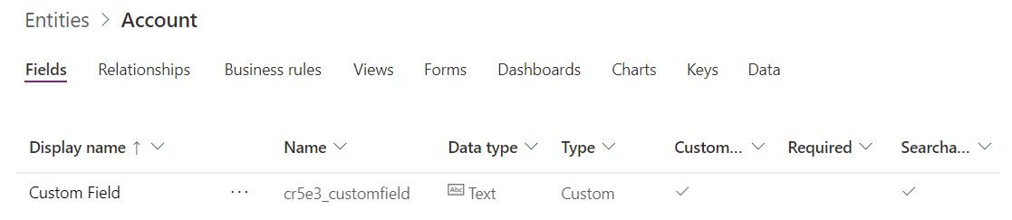 Tilit-entiteetti, johon on lisätty mukautettu kenttä ja jossa näkyy näyttönimi Custom Field sekä looginen nimi cr5e3_customfield