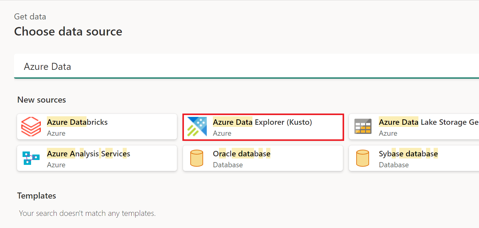 Näyttökuva Nouda tiedot -ikkunasta, jossa on korostettu Azure Data Explorer.