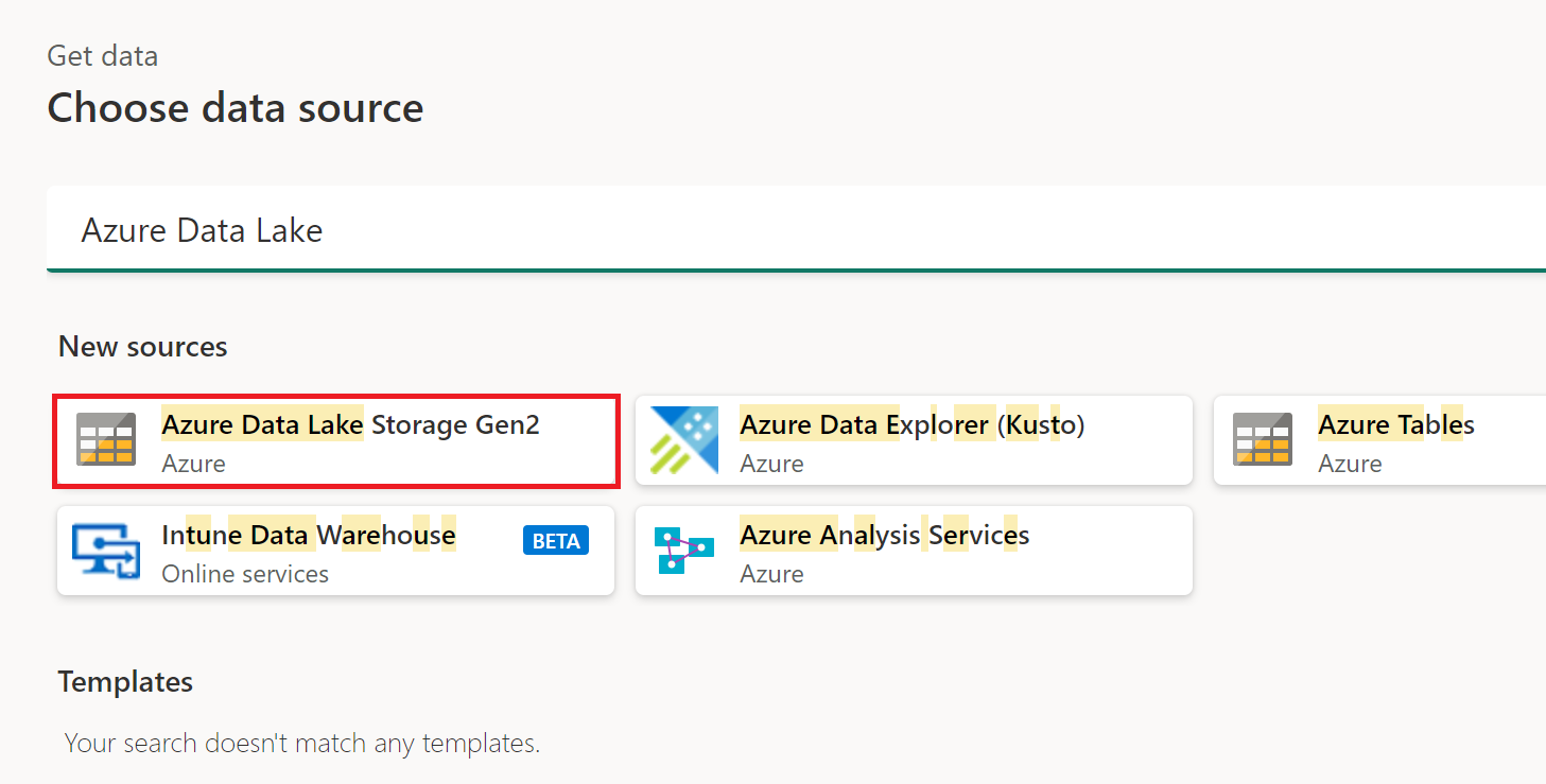 Näyttökuva Nouda tiedot -ikkunasta, jossa korostetaan Azure Data Lake Tallennus Gen2:ta.