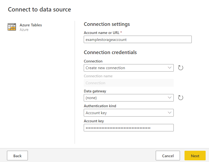 Näyttökuva Azure Table Tallennus -ikkunasta Power Query Onlinessa.